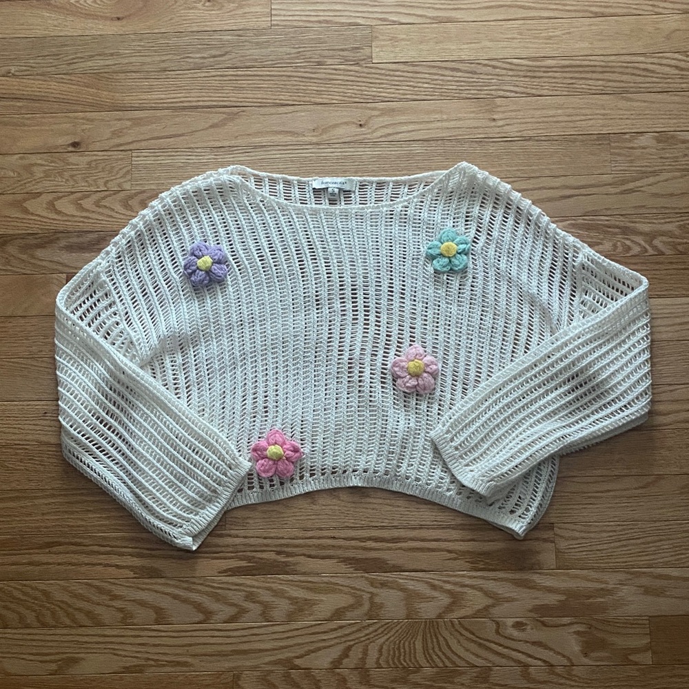 Francesca's Collections Cream Sweater with Floral Accents